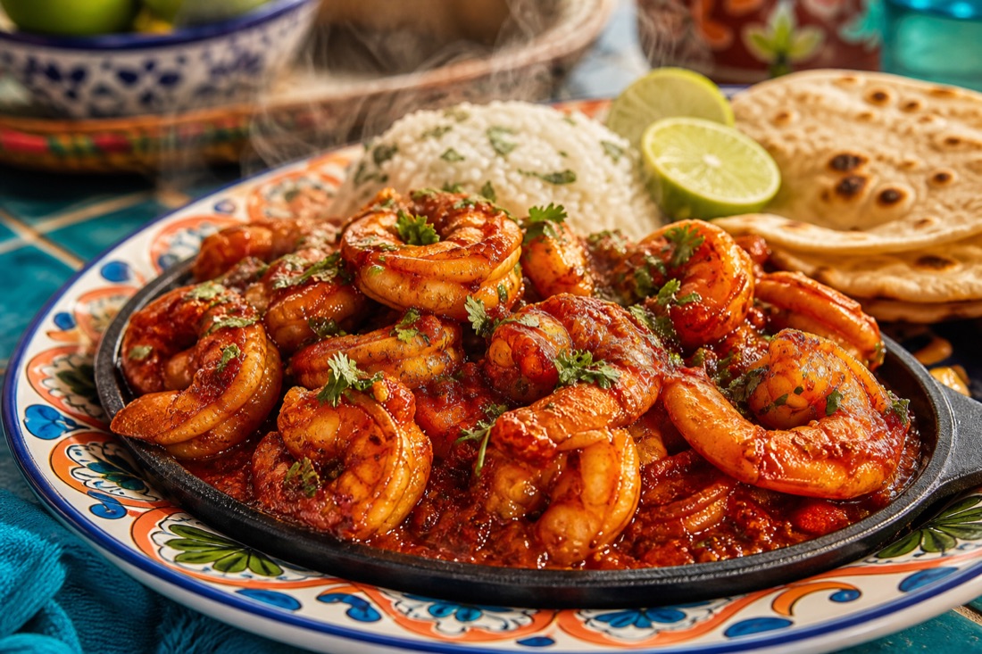 Camarones a la diabla en salsa de chile con arroz y tortillas