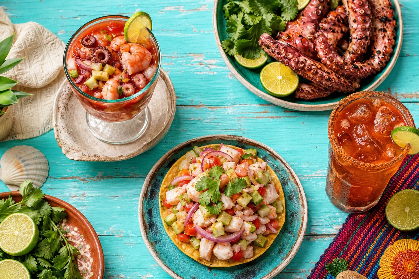 Mesa de mariscos mexicanos: cóctel de camarón, tostada de ceviche y pulpo a la parrilla