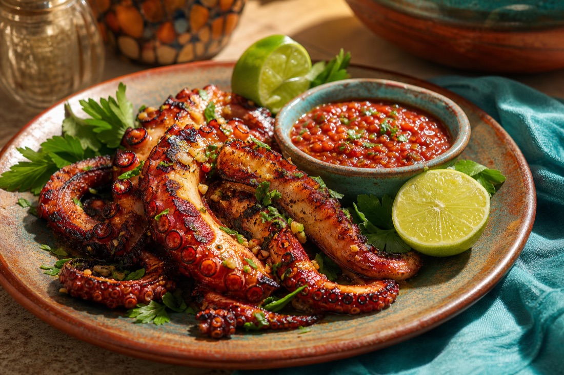 Pulpo a la parrilla con limón y salsa